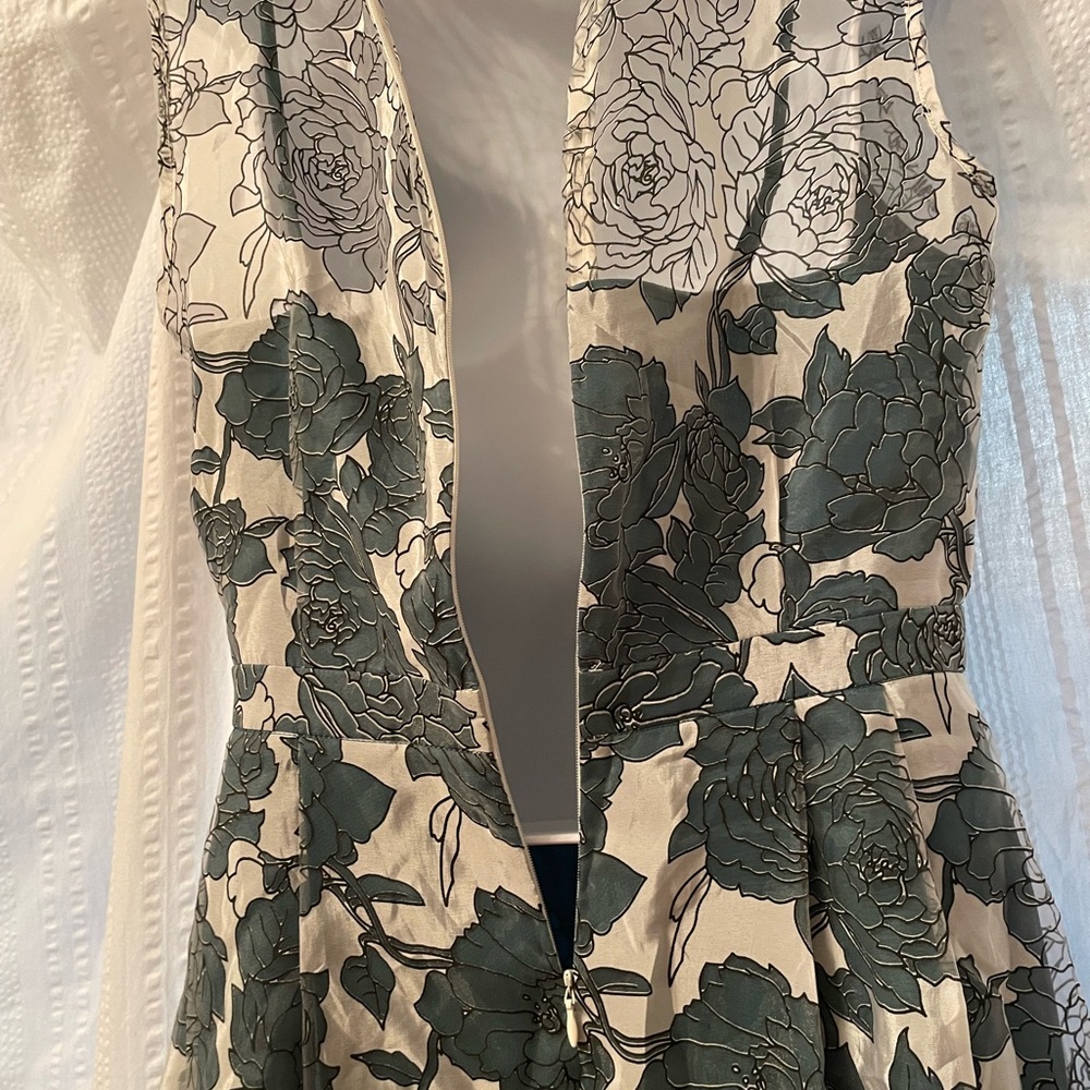 Lace + Mesh Sleeveless Floral Fit-and-Flare Dress Cream/Dark Green size medium - Picture 11 of 14